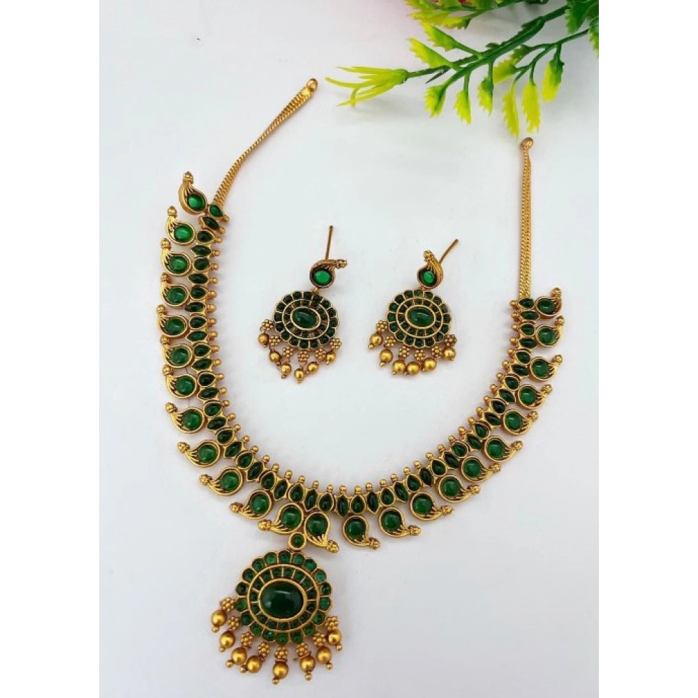 Elegance Jewels Women's Classic Green Kampu Necklace Set with Earrings, Free Size - Front View by Nari Haat, Indian e...