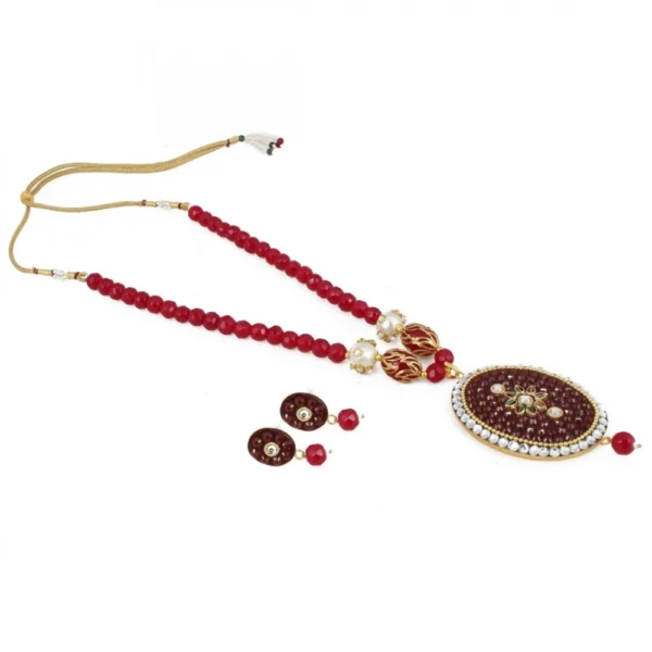 Maroon Gold Plated Traditional Kundan Necklace Set with Earrings for Women - Front View by Nari Haat, Indian ethnic w...