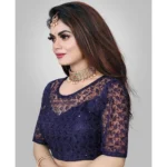 Generic Women's Half Sleeve Net Readymade Blouse (Navy Blue, Free Size: Up To 34 Inch) - Image 2