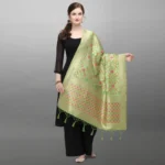 Generic Women's Silk Pure Zari weaving Duppatta (Light Green, Length: 2-2.3 Mtrs) - Image 3