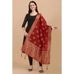 Generic Women's Silk Pure Zari weaving Duppatta (Maroon, Length: 2-2.3 Mtrs) - Image 3
