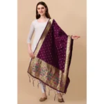 Generic Women's Silk Pure Zari weaving Duppatta (Purple, Length: 2-2.3 Mtrs) - Image 2