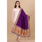 Generic Women's Silk Pure Zari weaving Duppatta (Purple, Length: 2-2.3 Mtrs) - Image 3