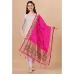 Generic Women's Silk Pure Zari weaving Duppatta (Pink, Length: 2-2.3 Mtrs) - Image 3