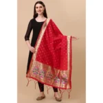 Generic Women's Silk Pure Zari weaving Duppatta (Red, Length: 2-2.3 Mtrs) - Image 2