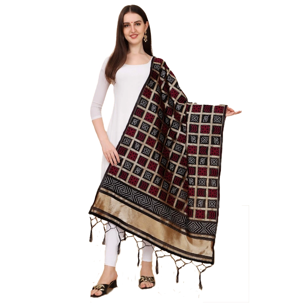 Womens Silk Dupatta Black