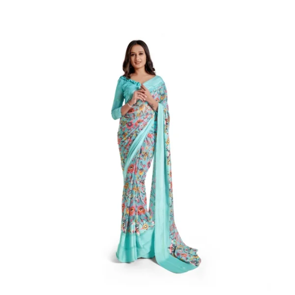 Skyblue Satin Patta Printed Saree for Women