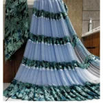 Blue Satin Patta Printed Saree with Unstitched Blouse