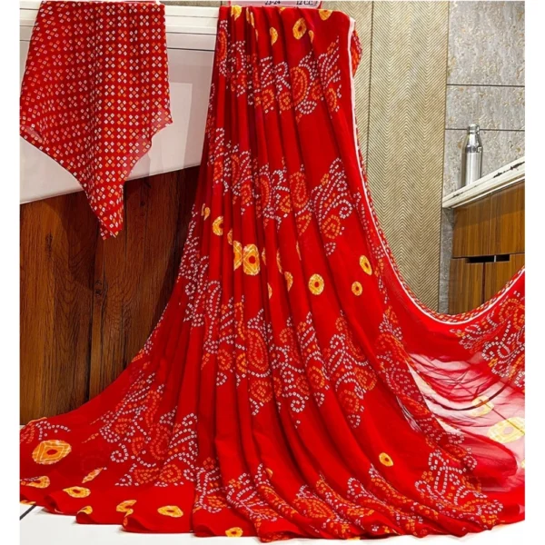 Generic Women's Georgette Printed Saree With Unstitched Blouse (Red)