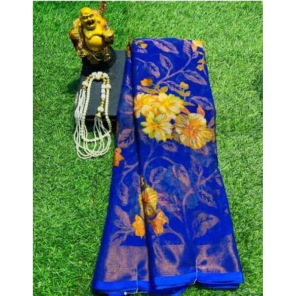 Royal Blue Viscose Rayon Printed Saree with Unstitched Blouse