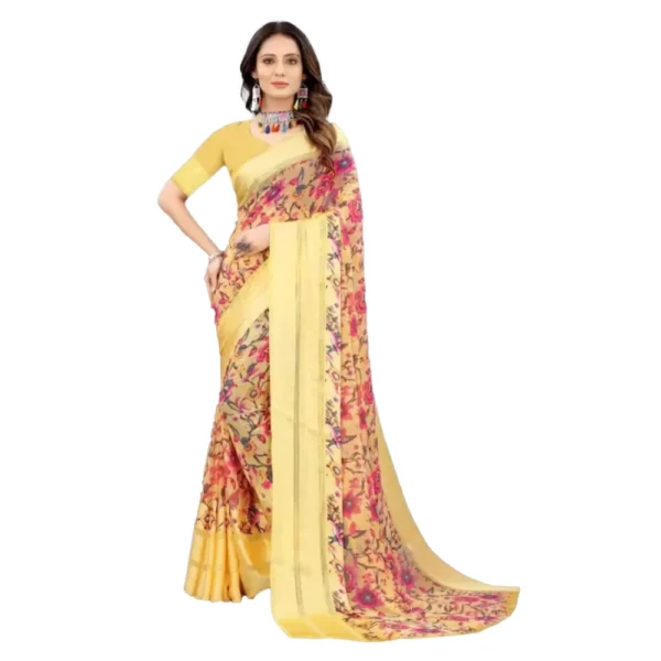 Yellow Satin Printed Saree for Women