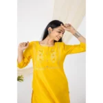Generic Women's Casual 3/4 Sleeve Chanderi Printed Kurti (Yellow) - Image 2