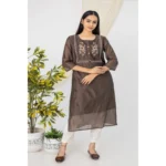 Generic Women's Casual 3/4 Sleeve Chanderi Printed Kurti (Brown)