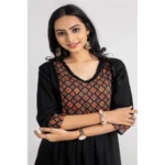 Generic Women's Casual 3/4 Sleeve Viscose Rayon Printed Kurti (Black) - Image 2