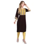 Generic Women's Casual 3/4 Sleeve Viscose Rayon Printed Kurti (Brown) - Image 3