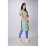 Generic Women's Casual Sleeveless Viscose Rayon Printed Kurti (Light Green) - Image 3