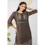 Generic Women's Casual 3/4 Sleeve Chanderi Printed Kurti (Brown) - Image 2
