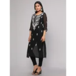 Generic Women's Casual 3/4th Sleeve Embroidered Georgette Kurti (Black) - Image 4