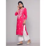 Generic Women's Casual 3/4th Sleeve Embroidered Georgette Kurti (Pink) - Image 4