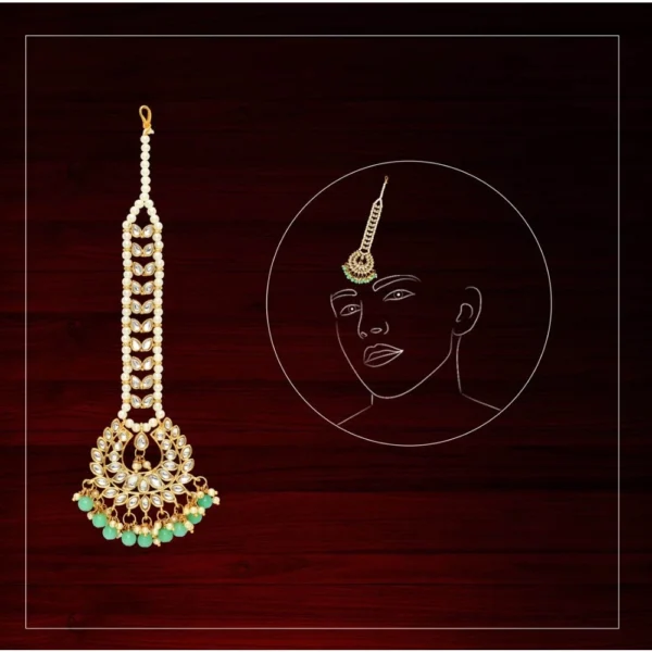 Generic Women's Rama Green Color Imitation Pearl & Kundan Maang Tikka