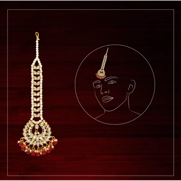 Generic Women's Maroon Color Imitation Pearl & Kundan Maang Tikka