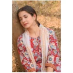 Red Cotton Floral Kurti Set - Angle 2