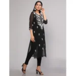 Generic Women's Casual 3/4th Sleeve Embroidered Georgette Kurti (Black) - Image 3