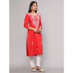 Generic Women's Casual 3/4th Sleeve Embroidered Georgette Kurti (Red) - Image 3