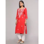 Generic Women's Casual 3/4th Sleeve Embroidered Georgette Kurti (Red) - Image 4