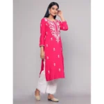Generic Women's Casual 3/4th Sleeve Embroidered Georgette Kurti (Pink) - Image 3