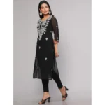 Generic Women's Casual 3/4th Sleeve Embroidered Georgette Kurti (Black) - Image 4