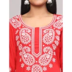 Generic Women's Casual 3/4th Sleeve Embroidered Georgette Kurti (Red) - Image 2