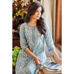 Generic Women's Casual 3/4th Sleeve Floral Print Cotton Blend Kurti (Sky Blue) - Image 2
