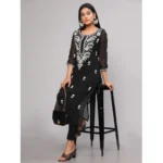 Generic Women's Casual 3/4th Sleeve Embroidered Georgette Kurti (Black) - Image 2