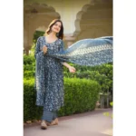 Navy Blue Cotton Kurti Set - Angle 4