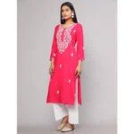Generic Women's Casual 3/4th Sleeve Embroidered Georgette Kurti (Pink) - Image 3