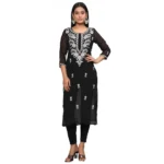 Generic Women's Casual 3/4th Sleeve Embroidered Georgette Kurti (Black)