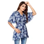 Generic Women's Casual Half Sleeve Printed Crepe Top (Blue)