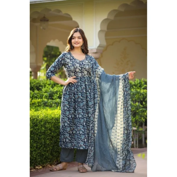 Navy Blue Cotton Kurti Set