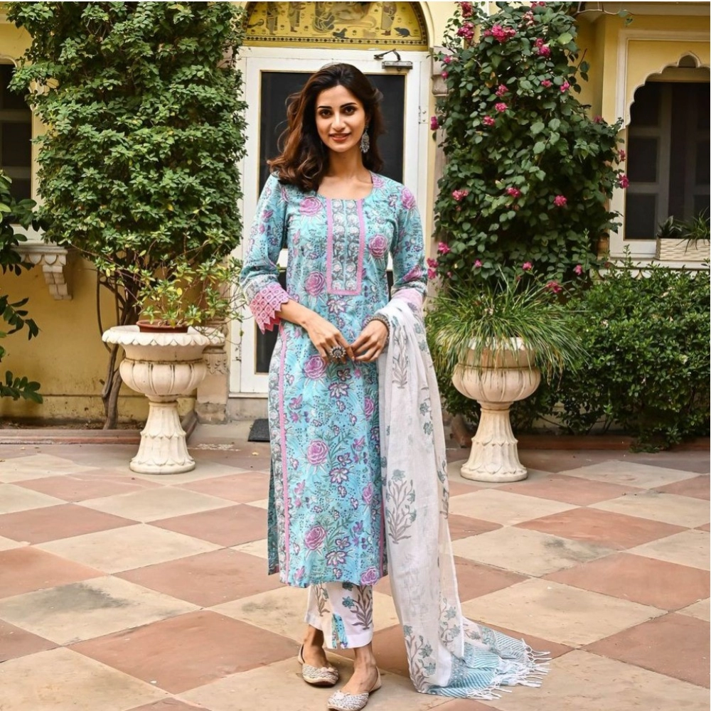 Sky Blue Cotton Kurti Set