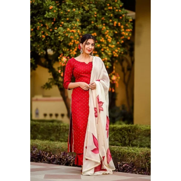 Women's Red Cotton Kurti Set