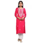 Generic Women's Casual 3/4th Sleeve Embroidered Georgette Kurti (Pink)