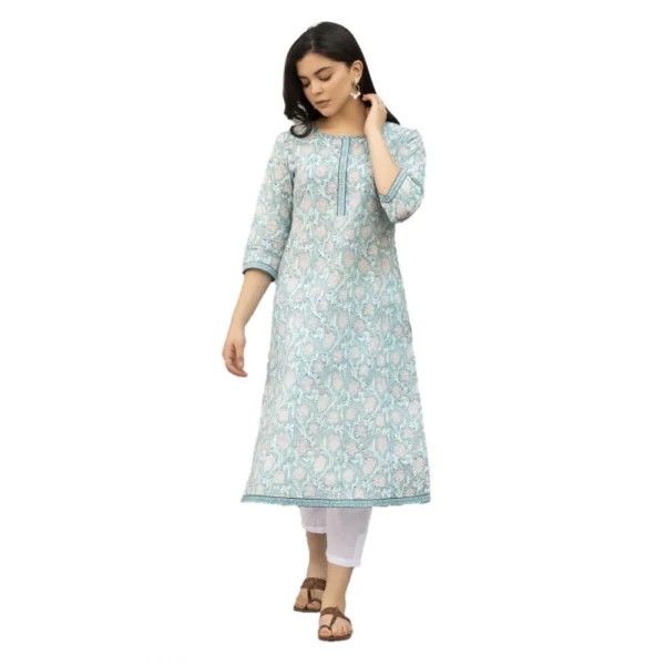 Generic Women's Casual 3/4th Sleeve Floral Print Cotton Blend Kurti (Sky Blue)