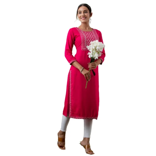 Generic Women's Casual 3/4th Sleeve Embroidered Viscose Rayon Kurti (Red)