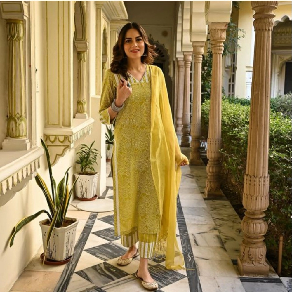 Mustard Cotton Kurti Set