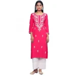 Generic Women's Casual 3/4th Sleeve Embroidered Georgette Kurti (Pink)