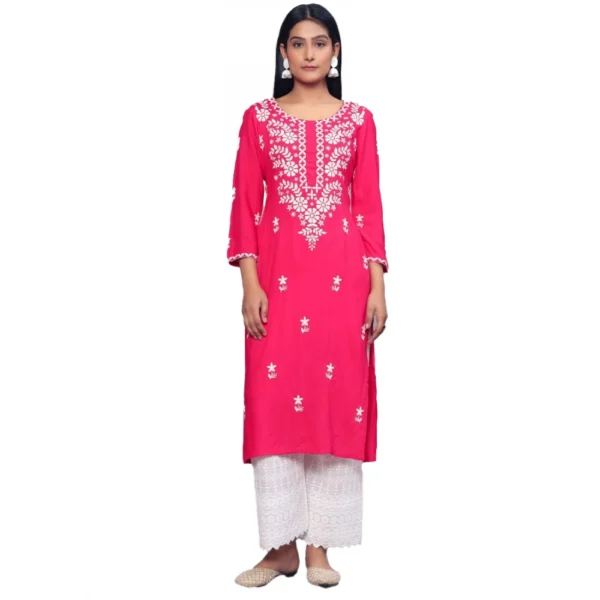Generic Women's Casual 3/4th Sleeve Embroidered Georgette Kurti (Pink)