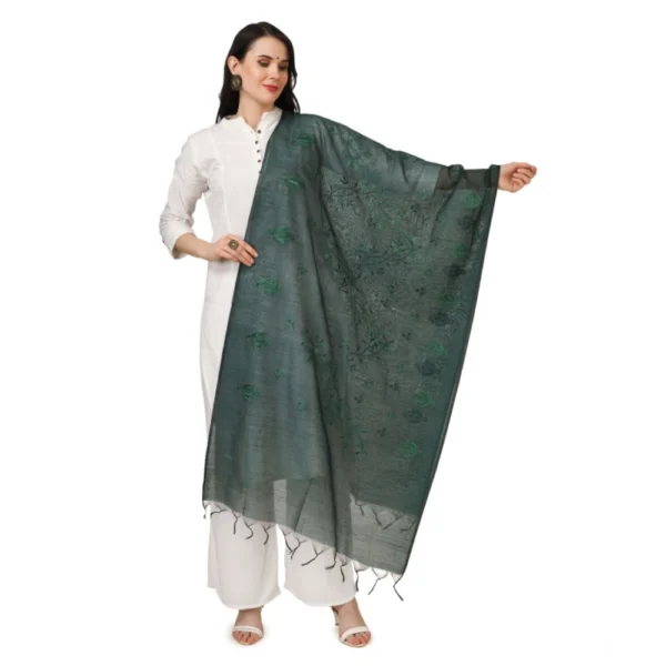 Green Cotton Embroidered Dupatta for Women