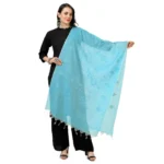 Aqua Blue Cotton Embroidered Dupatta for Women