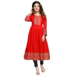Generic Women's Casual 3/4 Sleeve Viscose Rayon Foil Printed Kurti (Red)